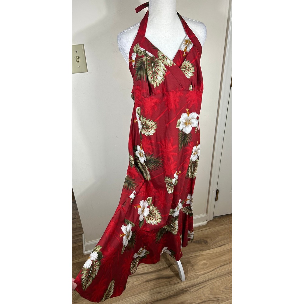 Pacific Legend Hawaiian Halter Dress L Red Hibiscus Monstera Maxi NEW Aloha Wear
